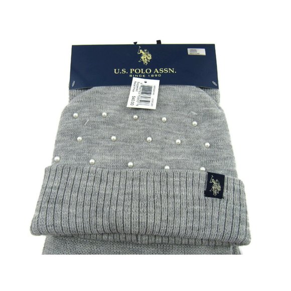 U.S. Polo Assn. Women's Simulated Pearls Knit Hat & Scarf Set Gray One Size New - Picture 5 of 6